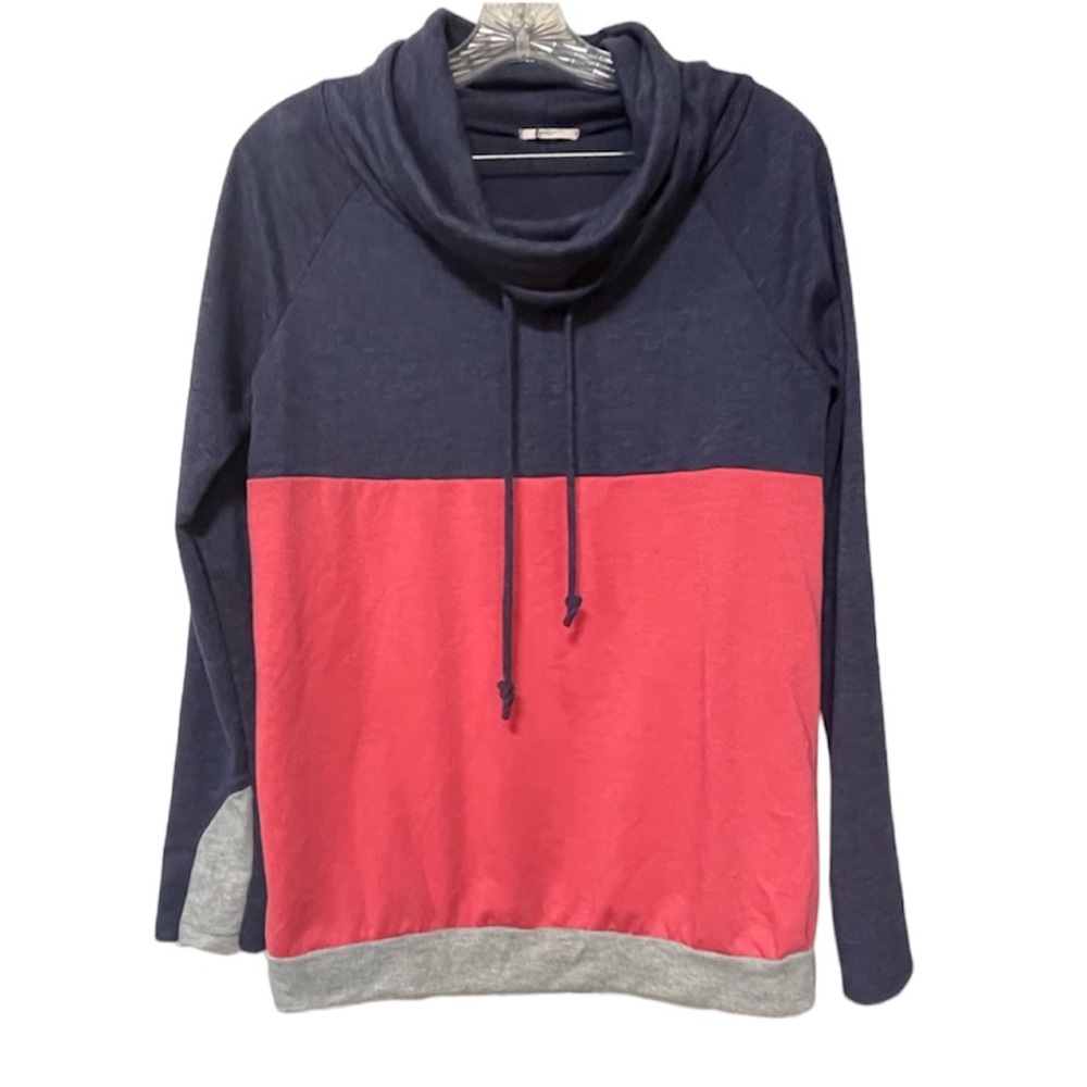 12PM by Mon AMI - Peach & Navy Cowell neck hoodie with Gray details Size: Small